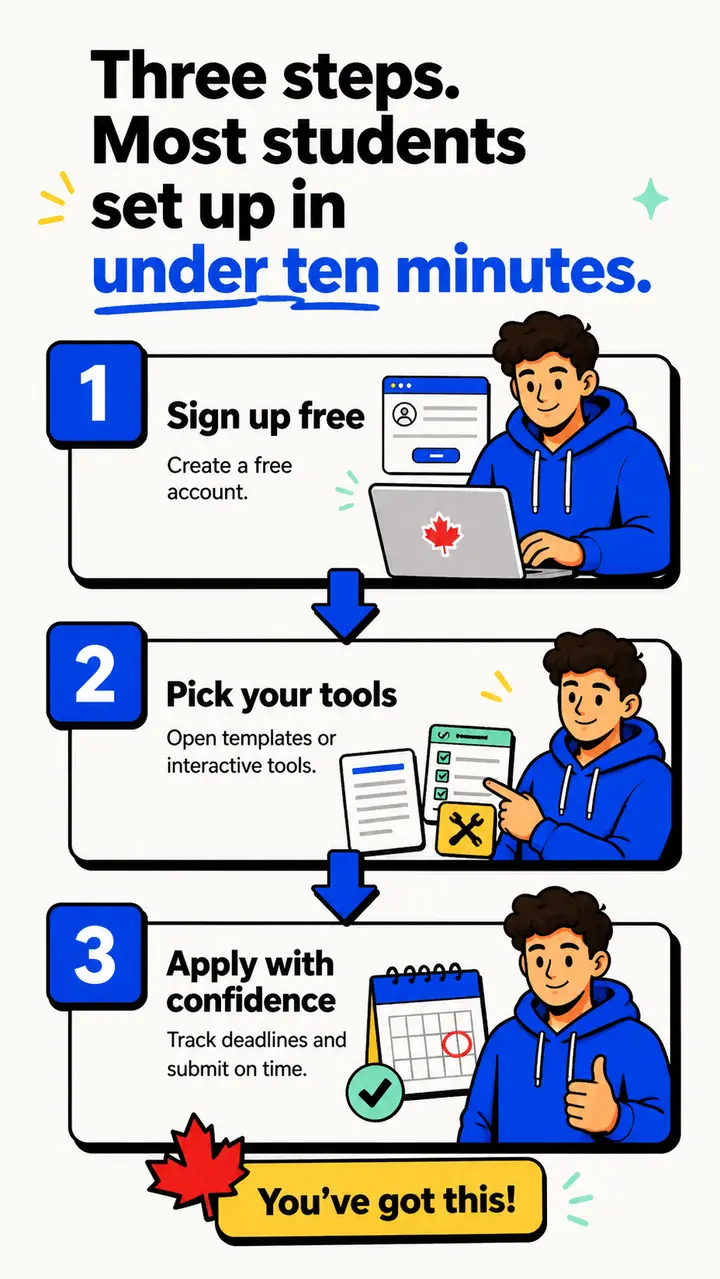Three steps to get set up in under ten minutes: 1. Sign up free, 2. Pick your tools, 3. Apply with confidence by tracking deadlines and submitting on time